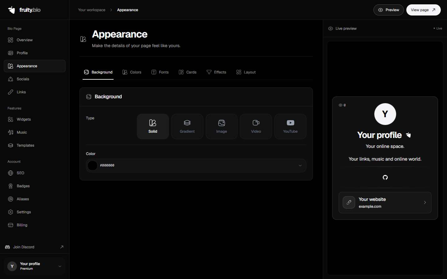 Fruity appearance editor with customization controls and live bio preview