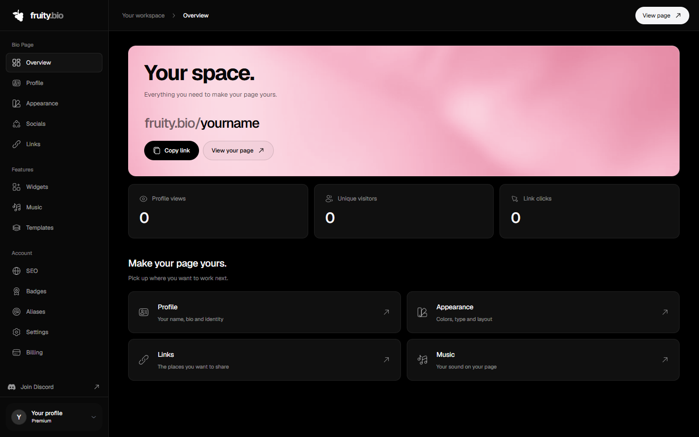 Fruity dashboard with profile link, page analytics and editor shortcuts